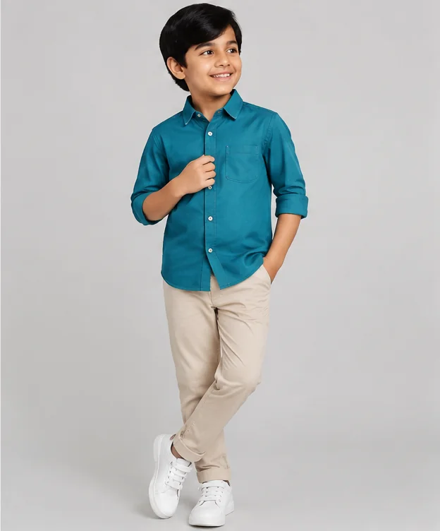 Boys Teal Cotton Shirt