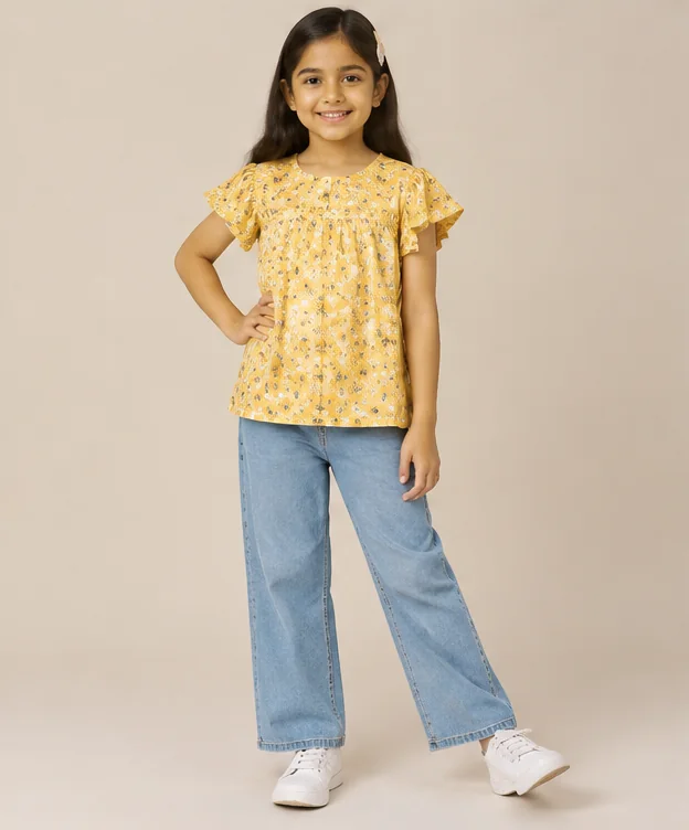 Girls Yellow Printed Top