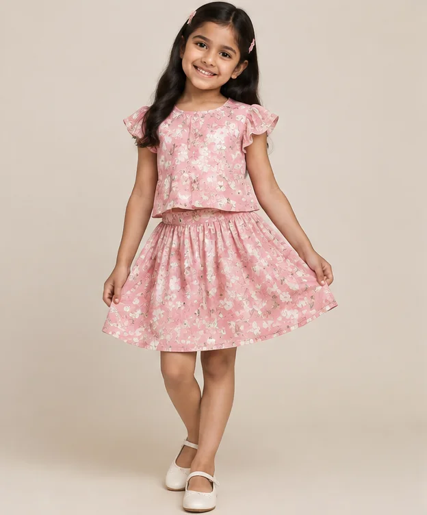 Girls Pink Floral Skirt Set