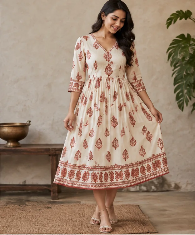 Ivory Rust Block Print Dress