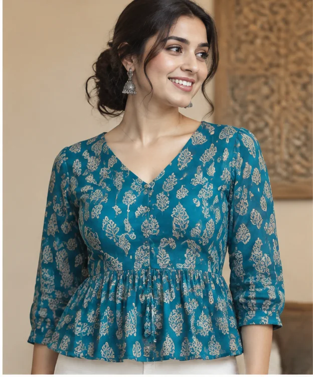 Teal Floral Peplum Top
