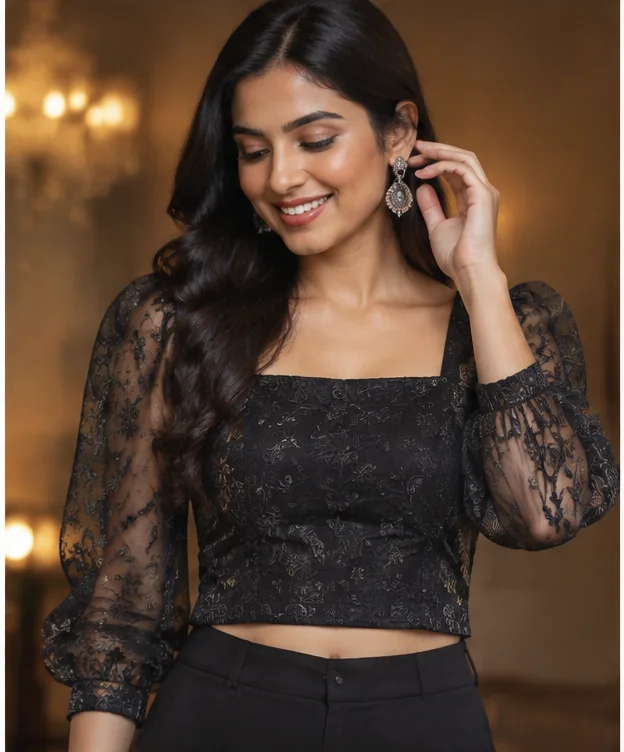 Black Embroidered Evening Top