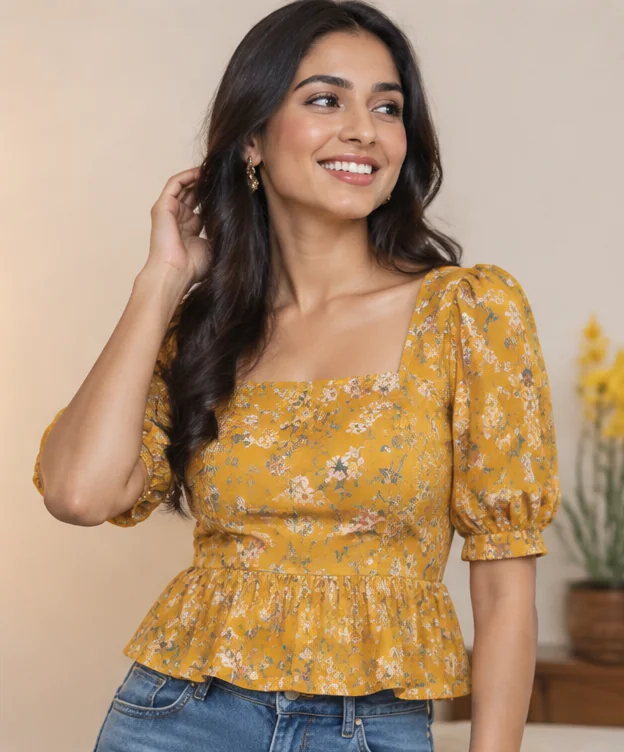 Mustard Floral Peplum Top